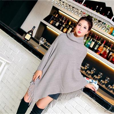 DX~~Autumn and Winter New Product Pullover High Neck Solid Tassel Large Acrylic Cape Cape Loose Knitted Top for Warmth
