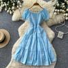 French Gentle Wind One-word Shoulder Bubble Sleeves A-word Dress Women's Summer Short Sleeves High Waist and Thin Temperament Skirt