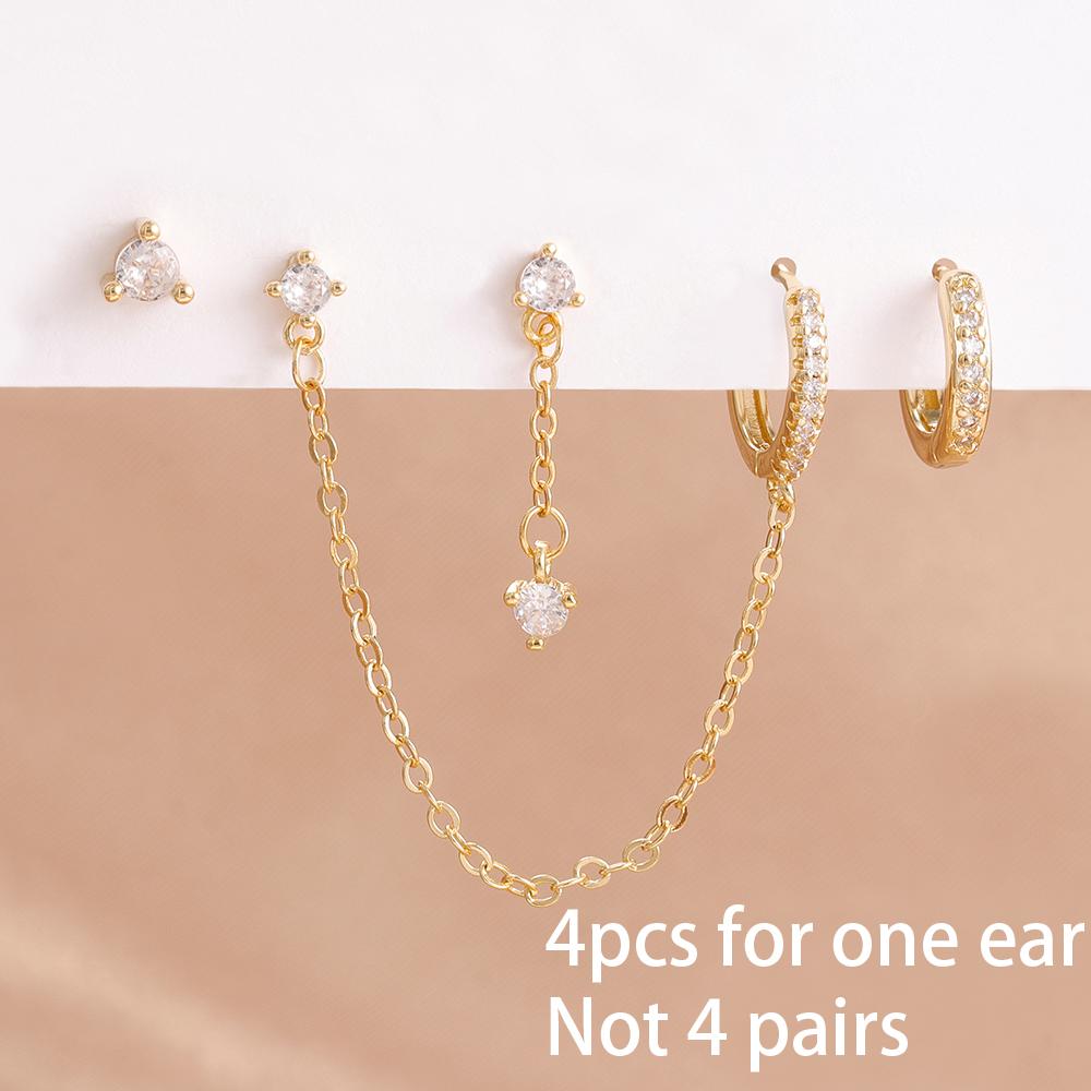 4PCS Women's Earrings Set Stainless Steel Cubic Zirconia Chain Moon Star Unique Punk Unisex Rock Earring Piercing Jewelry