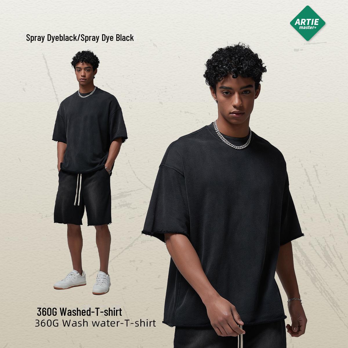 

Мужская летняя футболка ARTIE белого цвета с эффектом потертости, окрашенная распылением | Коллекция 2024 г. чёрный