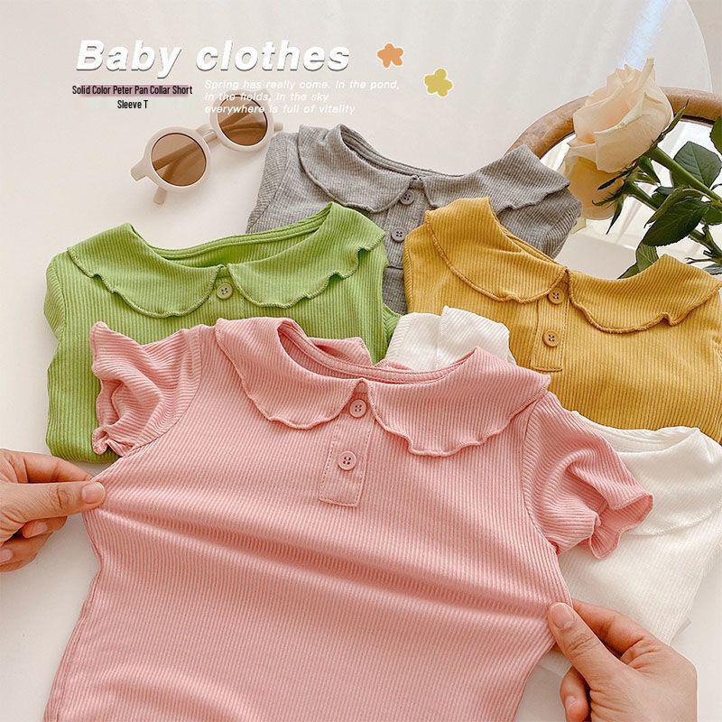 Summer Girls' Ice Silk Peter Pan Collar Short Sleeve T-Shirt – Solid Color, Thin Style, Versatile Children's Top.