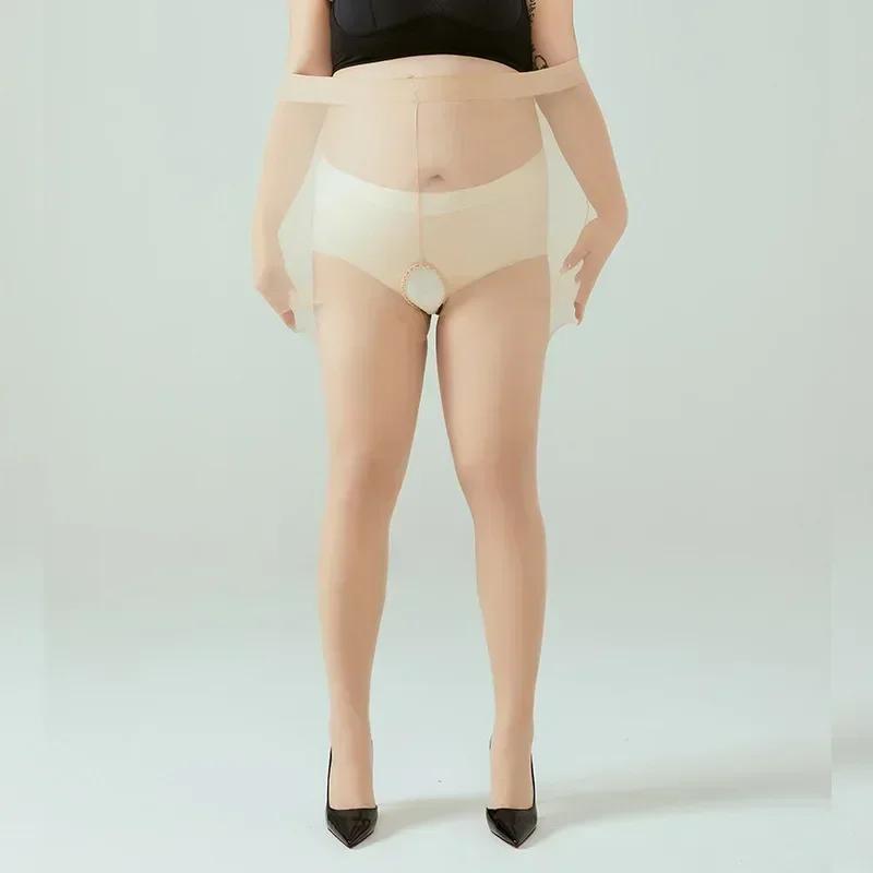 100Kg Woman Oversized 15D Open Crotchless Pantyhose Plus Large Size High Waist Female Stretchy Tight Black Stockings Tights