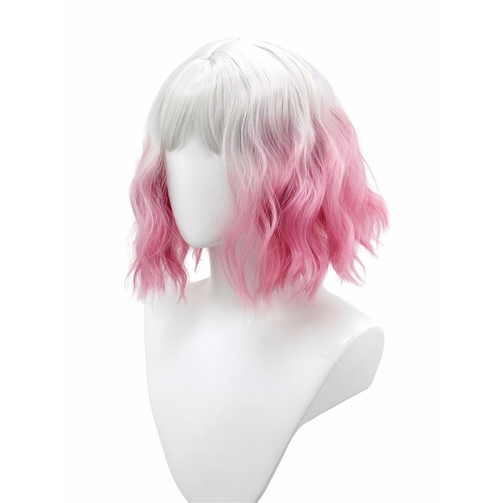 Fantasy White Gray Pink Gradient Air Bangs Chemical Fiber Synthetic Wig | Short Wave Curly Hair |sweet Cool Girl Youth Style Wig