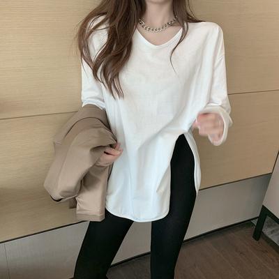 U-neck Base Shirt for Women's Spring Clothes New Pure Cotton Long-sleeved Loose Top Mid-length Slit Large-size T-shirt