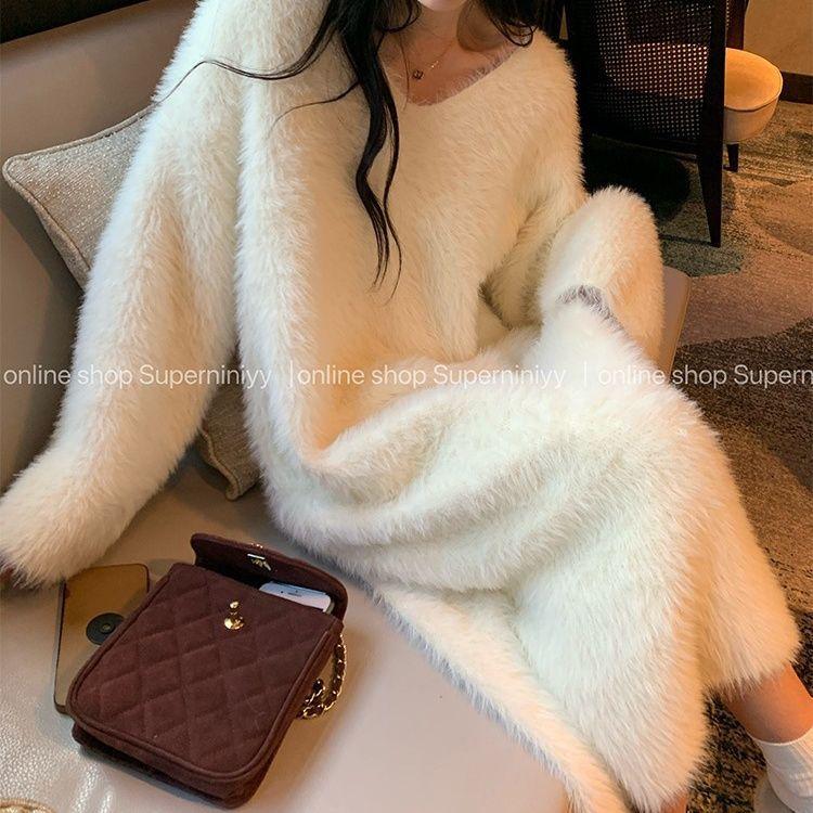 Lazy wind gentle white knee sweater skirt women's winter new 2025 thickened water imitation wool long dress women