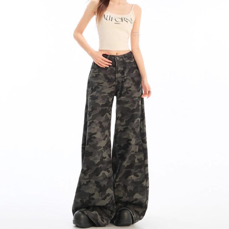 Q2523 Neutral Camo Wide-Leg Women's Jeans - Spring/Autumn New Arrival, Loose Fit, Floor-Length.