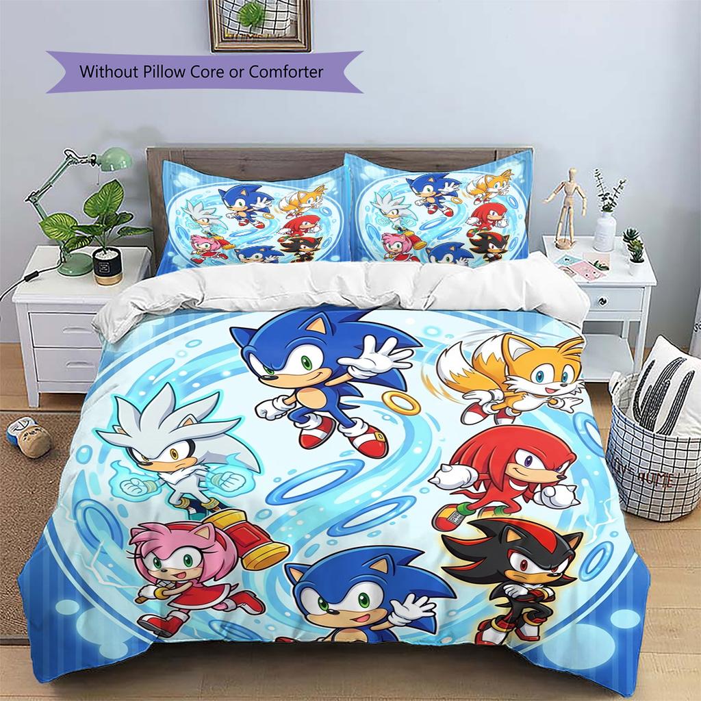 Hedgehog Sonic Pattern Bedding Quilt Set Quilt Cover Pillowcase Home Decoration Birthday Gift (1 * duvet cover + 2 * pillowcase, without core)