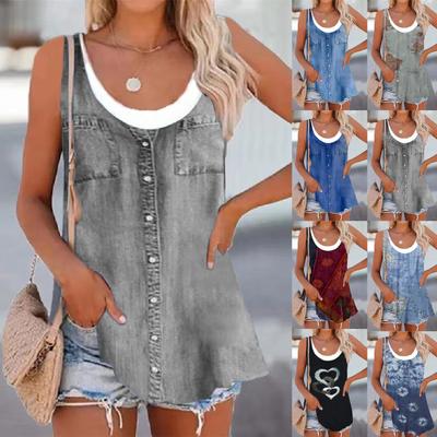 Top de moda para mujer, suelto, color liso, de mezclilla, con bolsillo, botones, cuello redondo, sin mangas