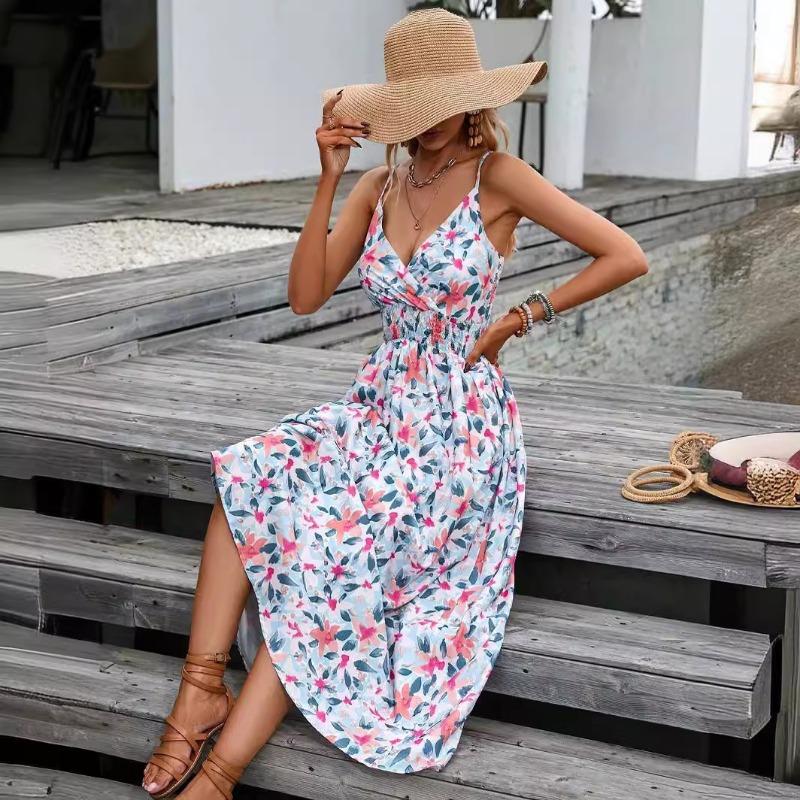 Summer Floral Printing Suspender V-neck Dress Women Elegant Loose Slim Waist Holiday A-line Party Dresses Sleeveless Fashion Casual Women's Clothing