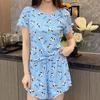 2025 Summer Women's Pajamas Set O-Neck Crop Tops & Shorts Thin Sleepwear 2 Pieces Sets Pajama for Girl Funny Cartoon Print Youth Homewear