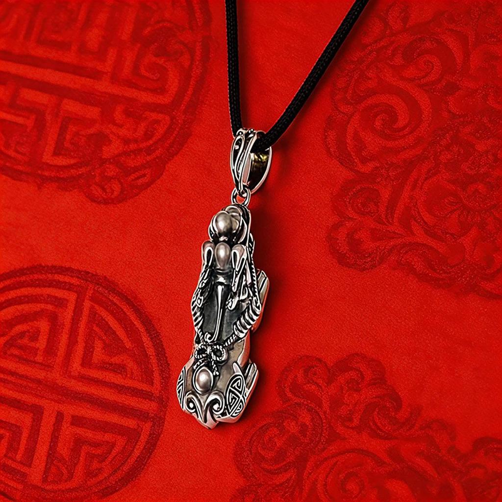Silver Ruyi Pixiu Pendant, Unisex Braided Rope Necklace, Pikachu Sweater Chain Pendant, Vintage Ethnic Style Wear Accessory