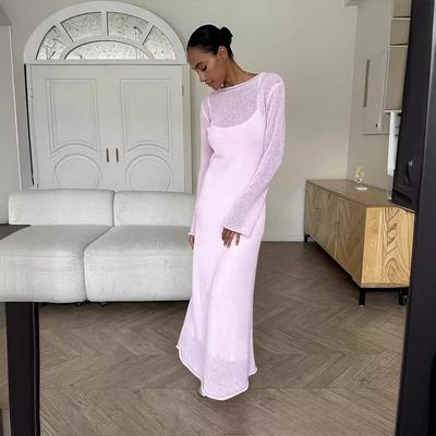 2-piece Crochet Maxi Dress for Women Bodycon Stretchy Mesh Knit Sweater Dress+Spaghetti Strap Slim Fit Underwear Dress Women's Long Sleeve Wrap Dress