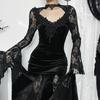 GlowGirl AltGoth Aesthetic Gothic Midi Dress Women Vintage Elagnt Lace Patchwork See Through Flare Sleeve High Waist Clubwear Dress Femme