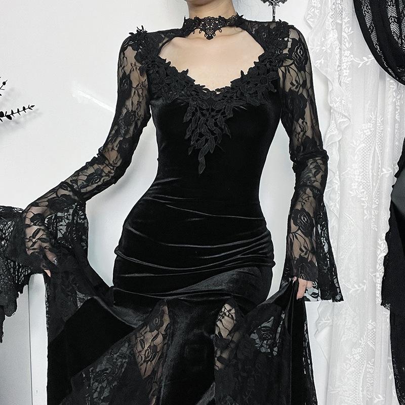 GlowGirl AltGoth Aesthetic Gothic Midi Dress Women Vintage Elagnt Lace Patchwork See Through Flare Sleeve High Waist Clubwear Dress Femme