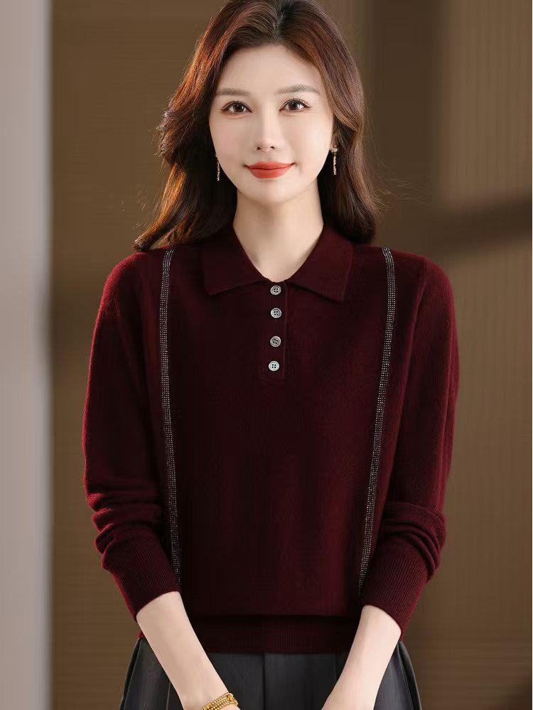 

Autumn Slimming Wool Cardigan with Button Details & Color Block Lines - Women s 2025 Knitted Pullover Sweater XL вина червоного кольору