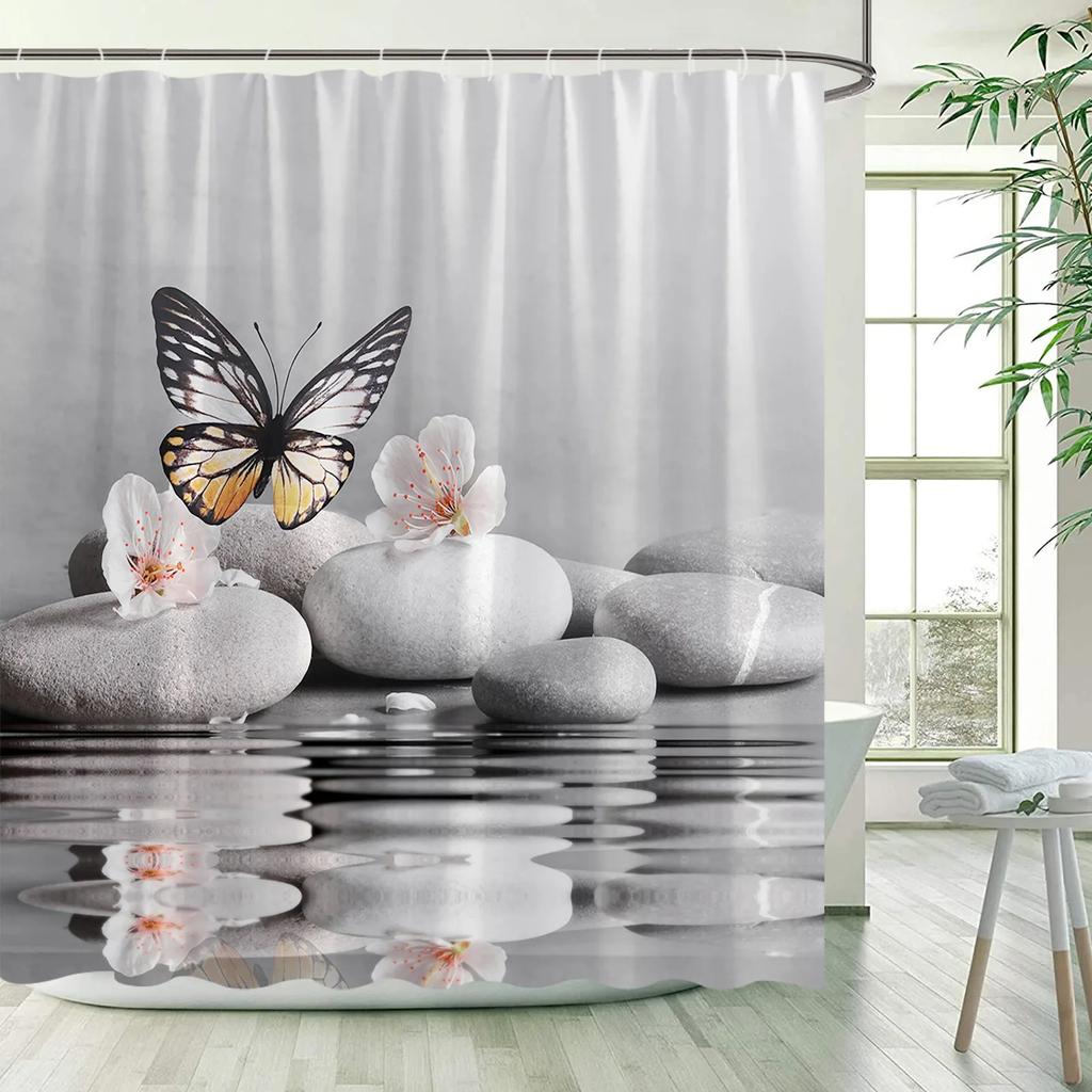 Green Bamboo Zen Shower Curtains Set, Spa Stones and Orchids Flowers Polyester Fabric Bath Curtain with Hooks Bathroom Decor