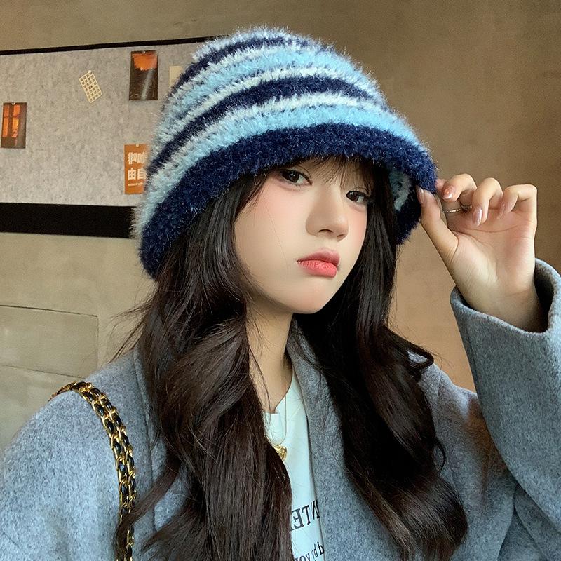

Korean Style Autumn Winter Striped Knit Bucket Hat for Women - Versatile, Cute, Warm, Dopamine Woolen.