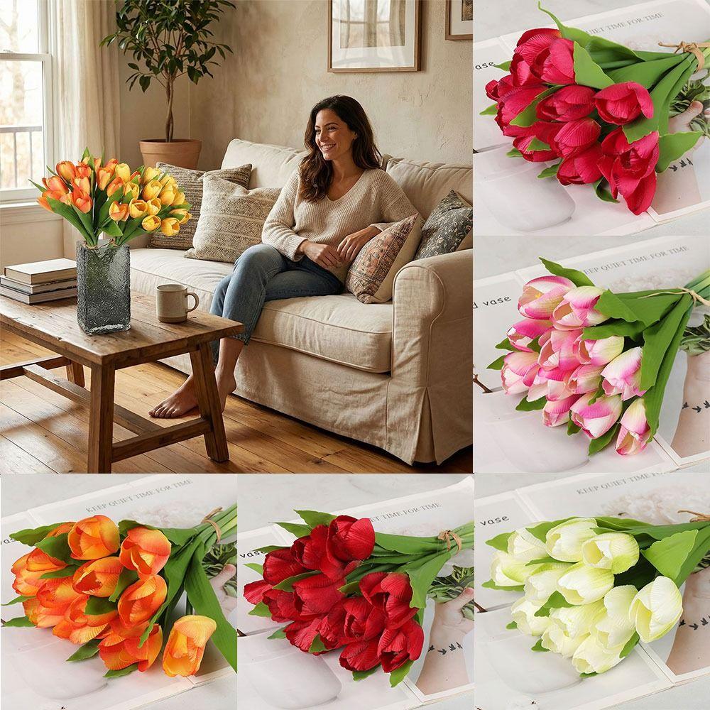 12 Heads Tulip Artificial Flower Green Leaves Silk Petals Simulation Tulip Flower DIY Photo Props Faux Flower Desktop Ornament