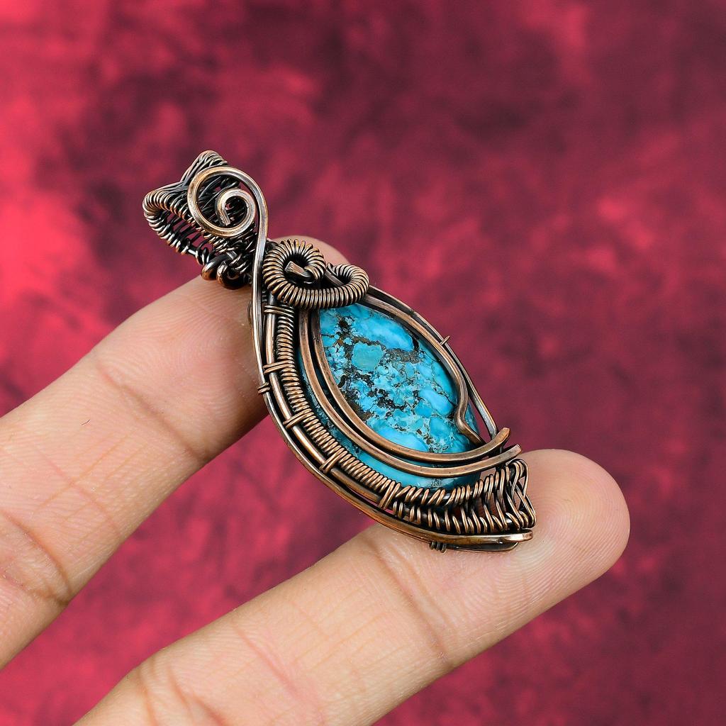 Tibetan Turquoise Pendant Copper Wire Wrapped Gemstone Pendant Handmade Designer Pendant Copper Wire Jewelry Brand New Pendant Gifts For Mom