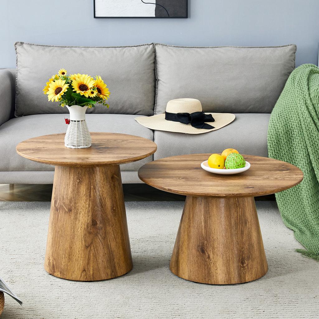 Coffee Table Set in Natural Wood Look (MDF) - 2 Round Stool Side Tables, High 50x48 cm + Low 60x35 cm, Suitable for Living Room / Lounge Area.
