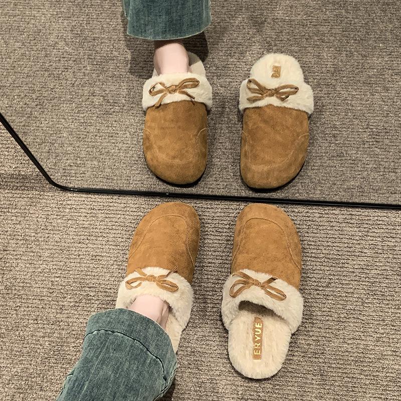 One-pedal bag head fluffy half slippers women's autumn and winter velvet outer wear 2025 new retro thermal cotton slippers