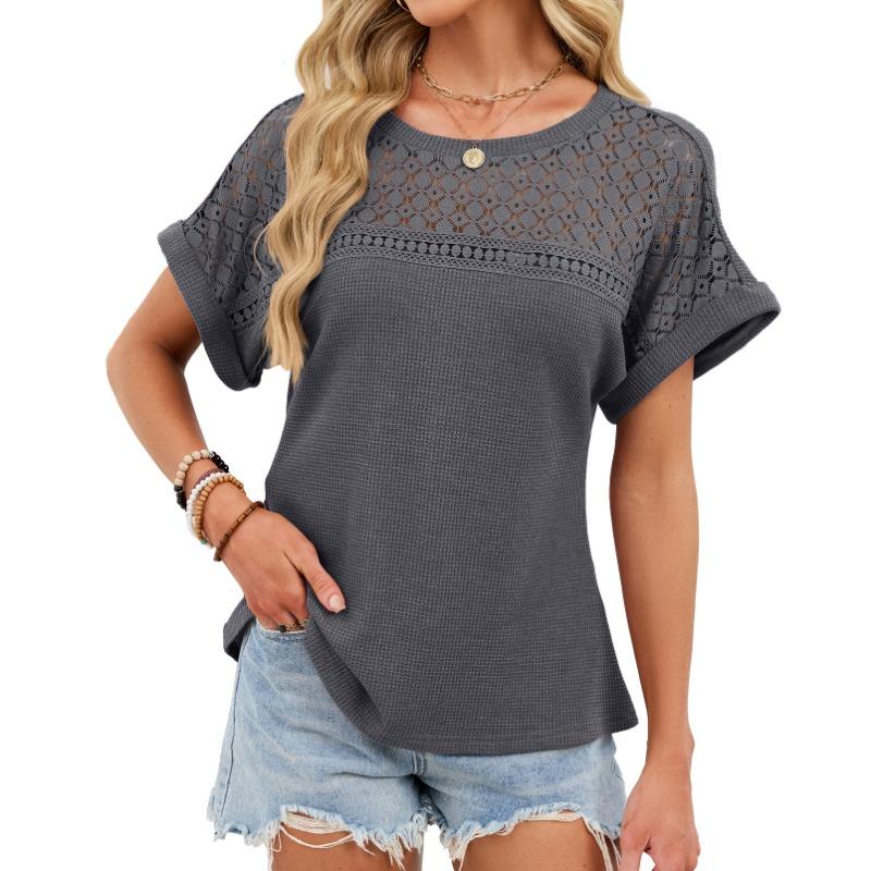 New Hollow Out Lace Patchwork Sweet Blouse Women Casual Simple Summer New Round Neck Shirts Ladies Loose Short Sleeved T-shirt Top for Women Clothing