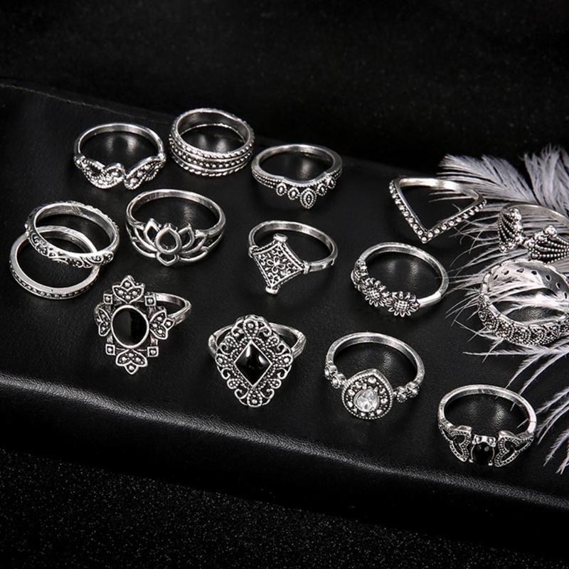 15Pcs Vintage Silver Joint Knot Rings Set Women Bohemian Stackable Joint Finger Rings Retro Stone Crystal Stacking Rings