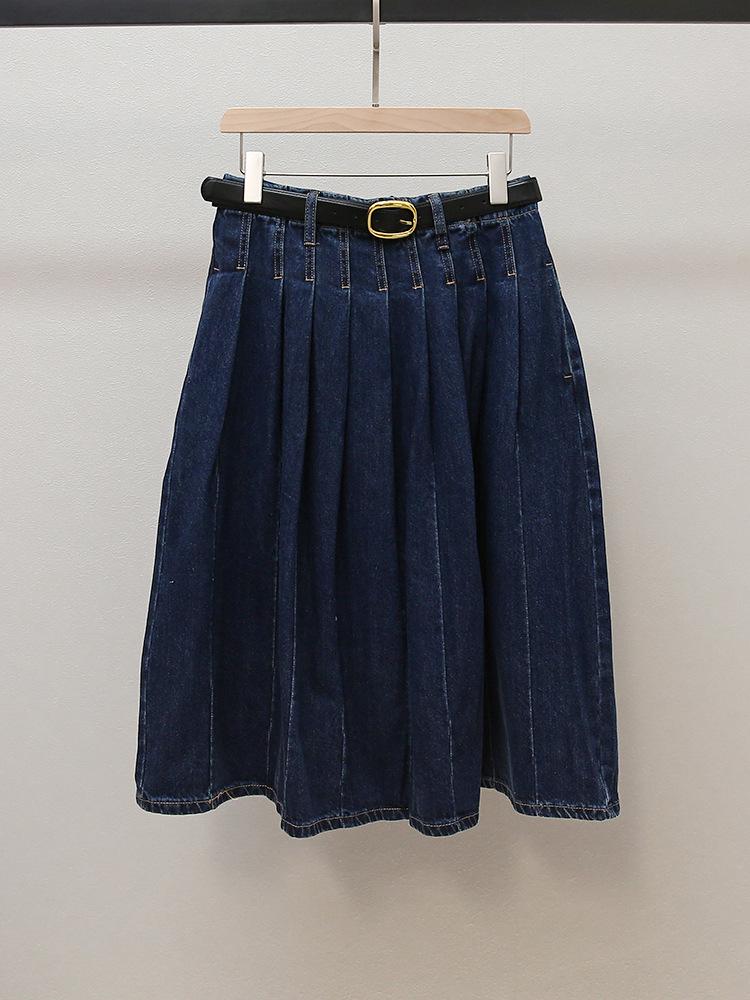 

New French Retro A-Line Midi Denim Skirt with Belt Large синий