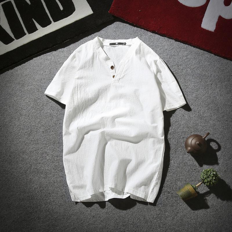 Men's Summer 2026 Cotton Linen Two-Button Short Sleeve T-Shirt - Soft & Breathable