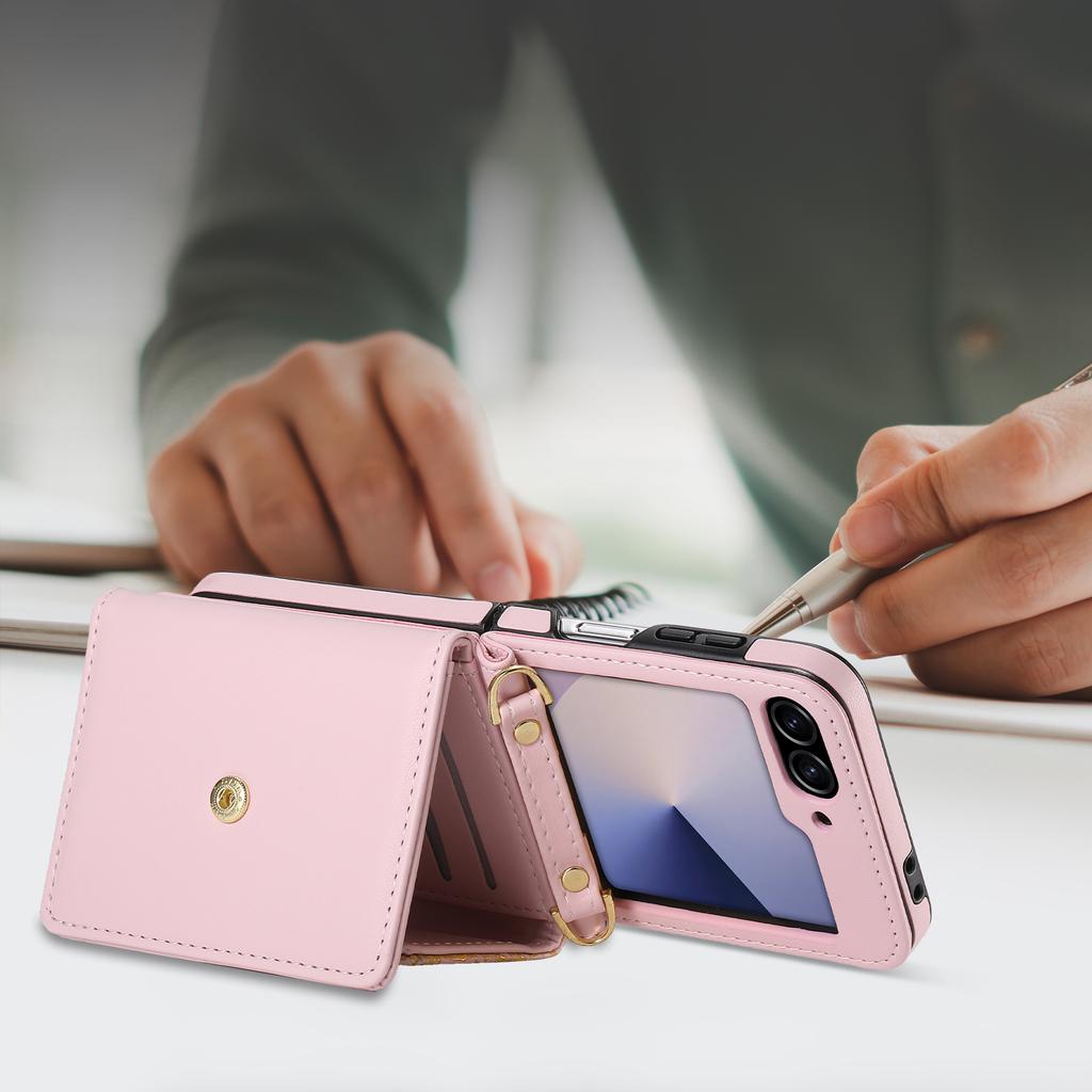 Crossbody Cards Solt Wallet Leather Case For Samsung Galaxy Z Flip 6 5G Triple Fold Pocket Golden Leaf Flip6 Bag Lanyard Cover