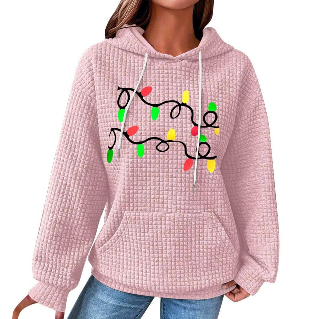 Women's Fashion Loose Hooded Pullover Long Sleeve Plaid Sweatshirt With Drawstring, Drop Shoulder, Pocket, Christmas Print Top