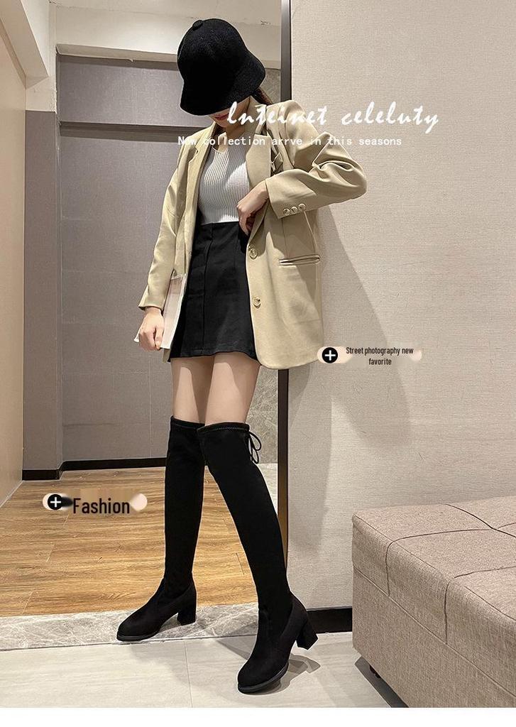 Women's 2025 New Korean Style Over-the-Knee Round Toe Chunky Heel Lace-up Boots Fashion