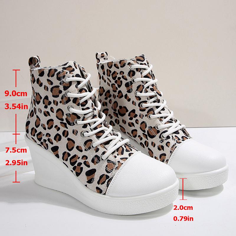 Fashion Fashion Leopard Print Ankle Boots for Women Lightweight Platform Wedge Heel Casual Shoes Woman Thick Sole Lace Up Short Boots 43