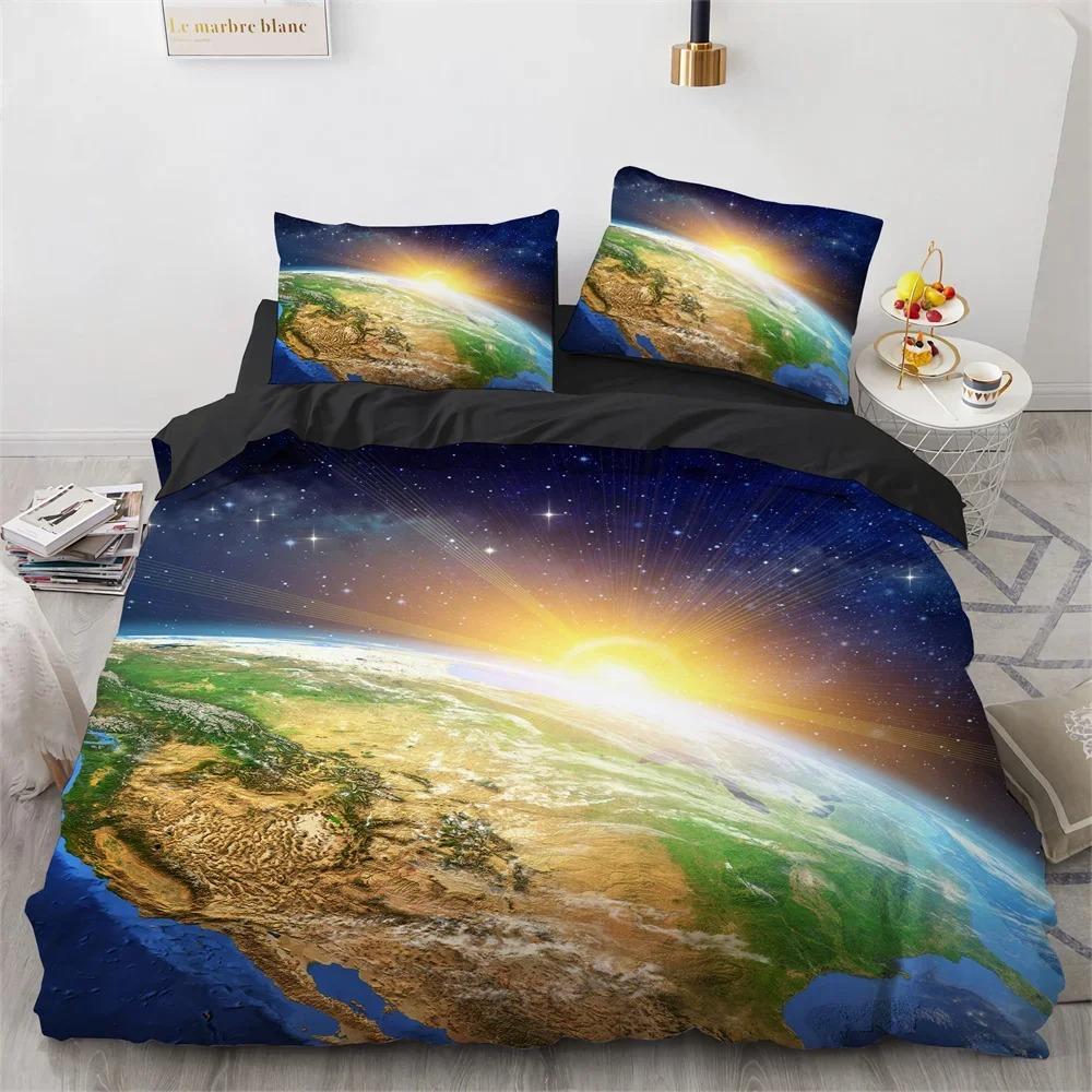 Galaxy Planet King Queen Duvet Cover Universe Sky Bedding Set 3D Blue Earth Outer Space Astronomy Polyester Quilt Cover