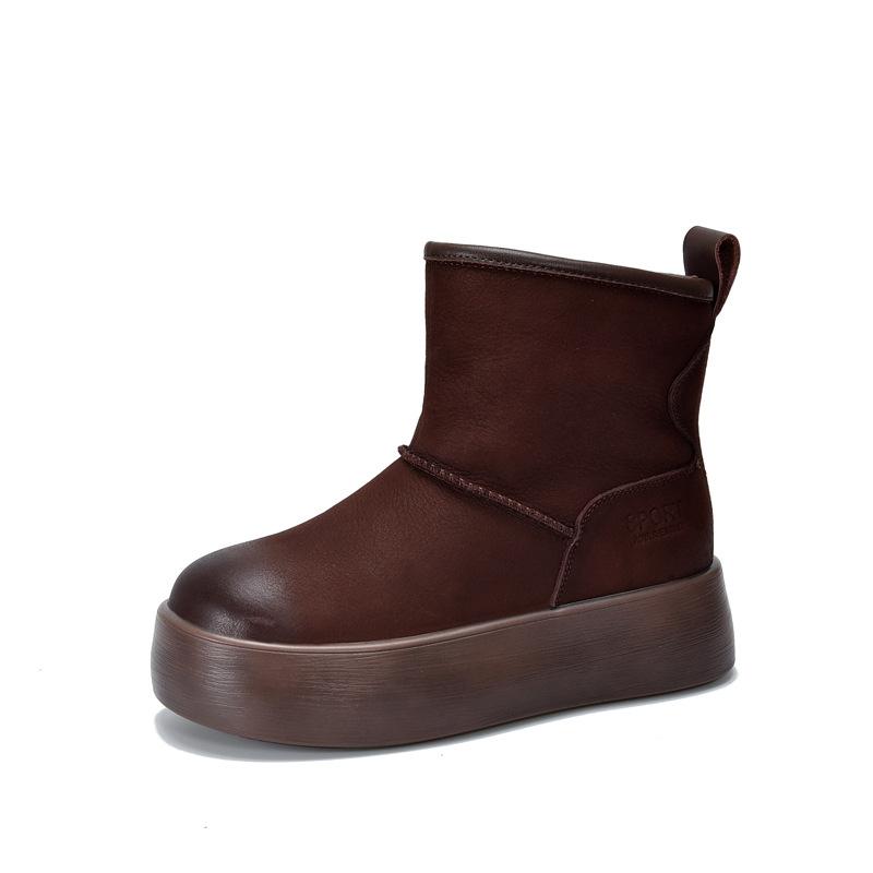

Johnature Натуральная кожа Зимние сапоги на толстой подошве с круглым носком и утолщенным плюшем теплые женские хлопковые сапоги 39 кофейный