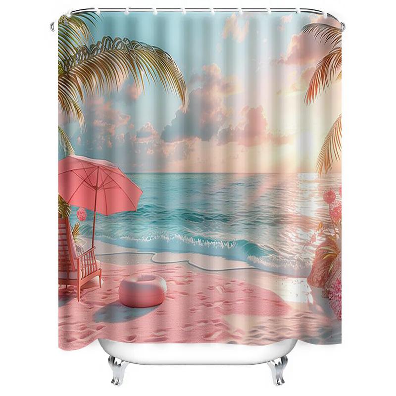 Tropical Beach Sunset Waterproof Shower Curtain Heat Resistant Machine Washable Non-Transparent 180x180cm