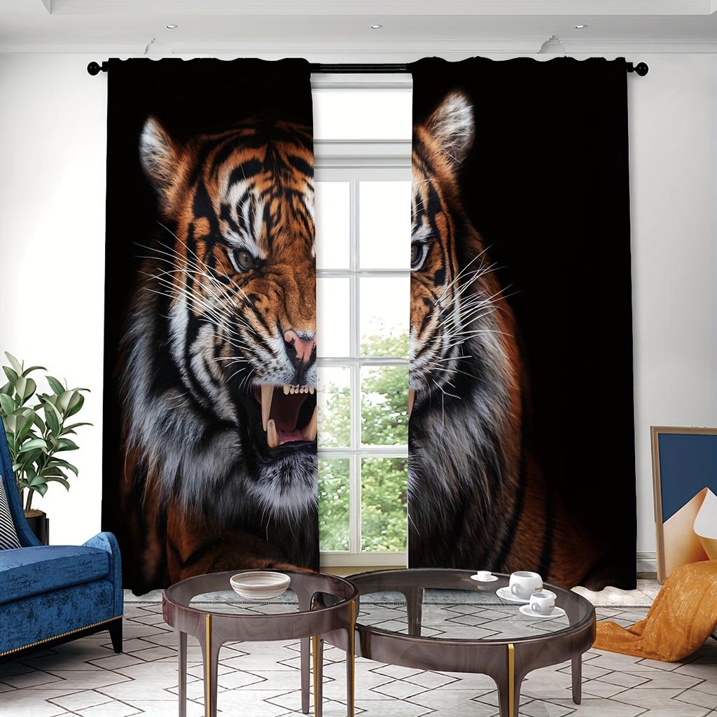 2pcs White Tiger Style Printed Curtain For Home Decor Rod Pocket Window Treatment For Bedroom Office Kitchen Living Room Study