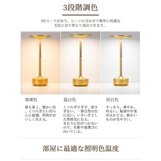 Table lamp stylish indirect lighting retro cordless Nordic touch sensor bedside light three-level color adjustment stepless dimming night USB (gold)