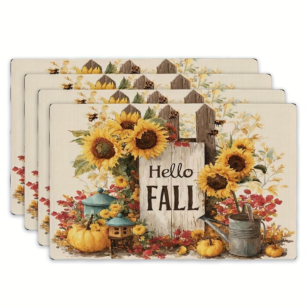 

4pcs Set of Sunflower Hello Fall Printed Placemats - Natural Atmosphere Table Mats, Rectangular Placemats for Kitchen and Dini 30x45cm-4PC