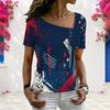 Women Plus Size Asymmetric Neck Short Sleeve Top Red Blue Geometric Graffiti Abstract Art Print