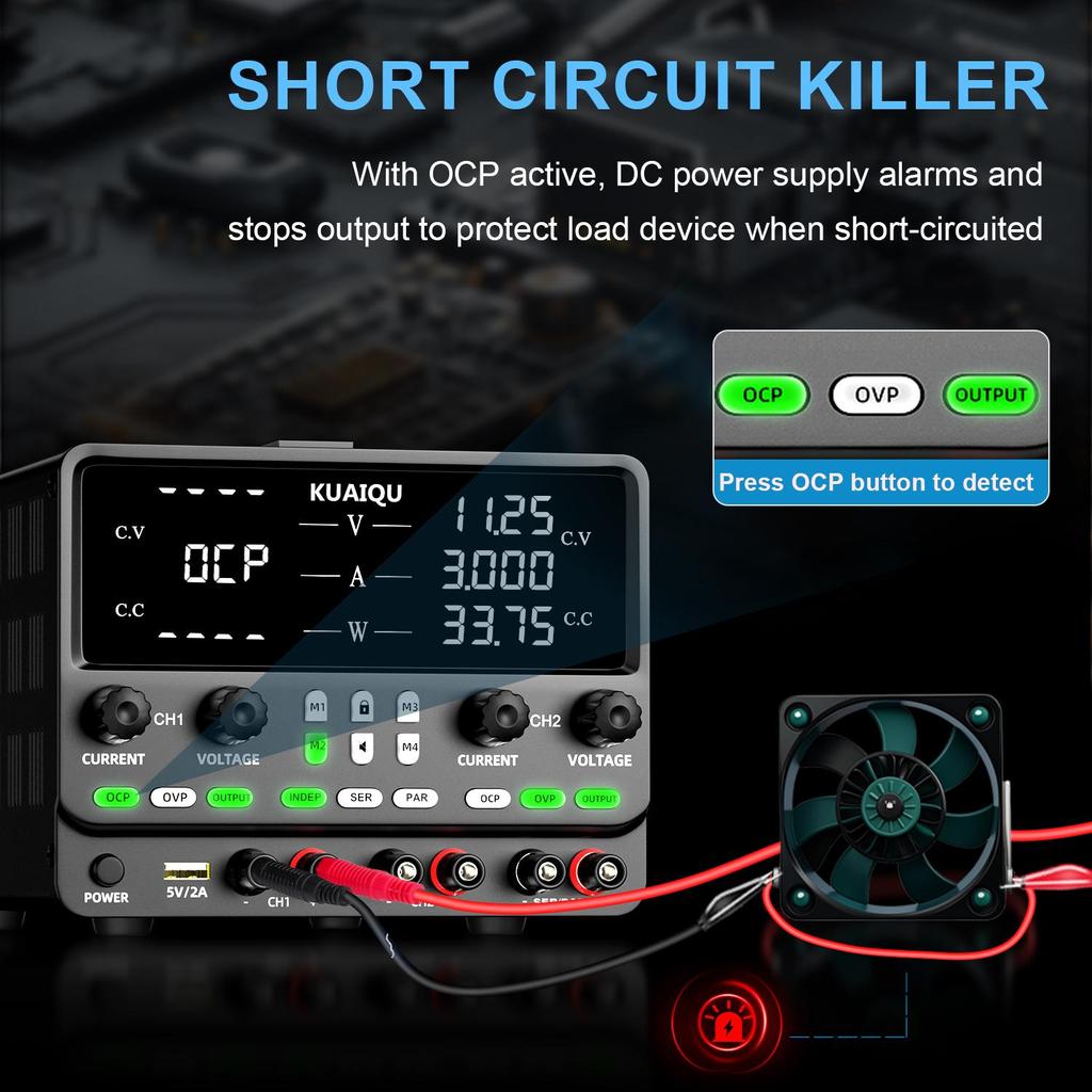 Dual Channel Power Supplies KUAIQU 30V 5A 4 in 1 Indep series parallel OCP & OVP Data storage Panel lock, output switch, encoder knob SPPS305-2KD