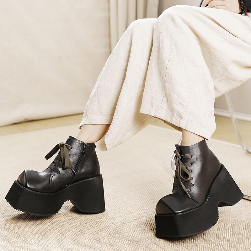 Johnature Retro 10CM Thick Sole Shoes Women's Square Toe Genuine Leather Lace Up Platform Short Boots