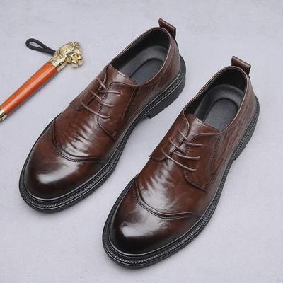 Pantofi Derby formali de afaceri pentru bărbați din piele naturală, cu vârf rotund respirabil și șireturi pentru nuntă și ținută casual.