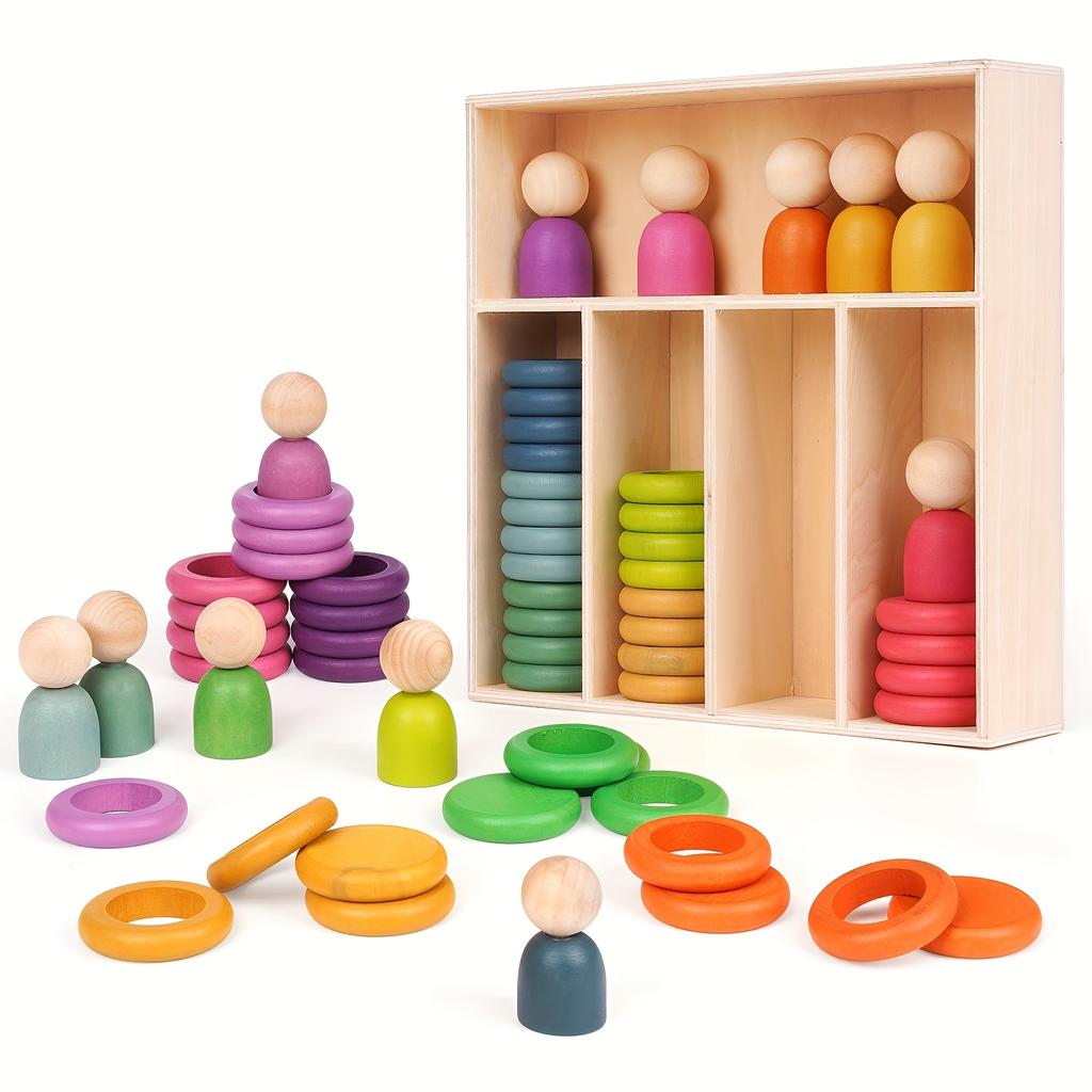 Montessori Toys Wooden Color Sorting Stacking Rings Toy Rainbow Peg Dolls Counting Toys Circular Building Blocks for Toddlers