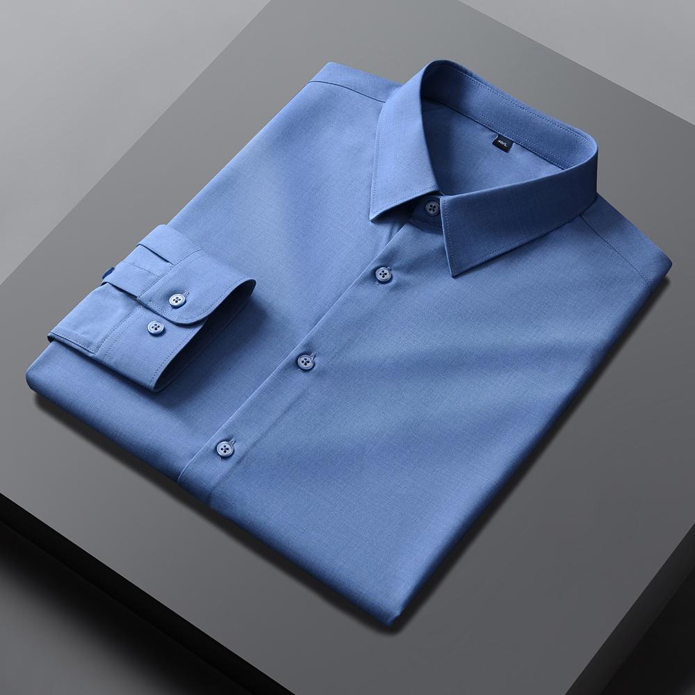 Luxury Designer Stretch Menswear Clothing Business Regular Fit Wrinkle-Free Soild Long Sleeve Button-up Shirts without Pocket