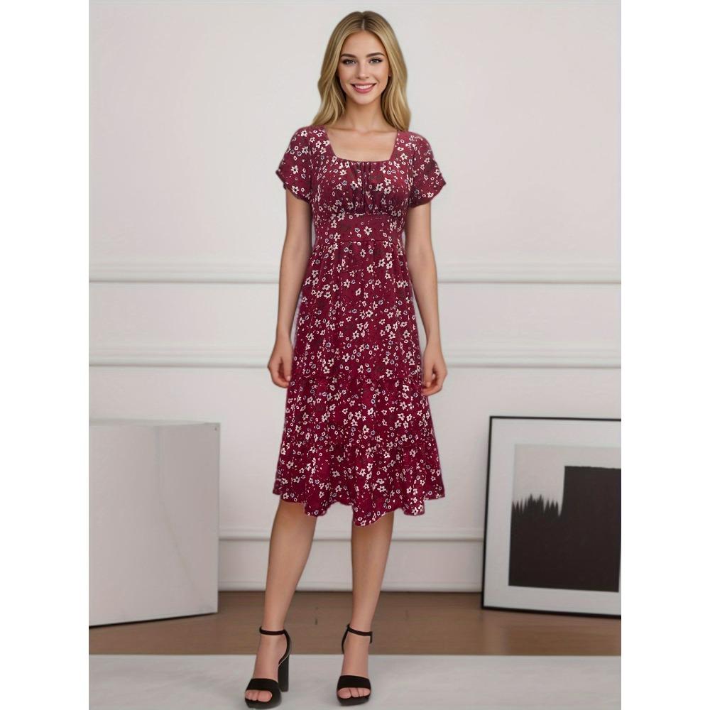 GMXIA Květinové šaty s čtvercovým límcem s bublinkovým rukávem Dlouhá sukně