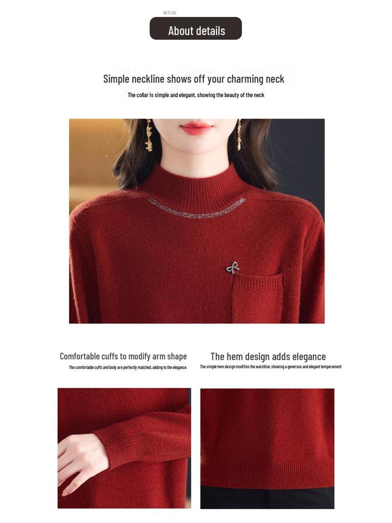 100% reine Schurwolle Damen Pullover mit halbem Stehkragen - Warme Strick-Basisschicht für mittlere und ältere Menschen