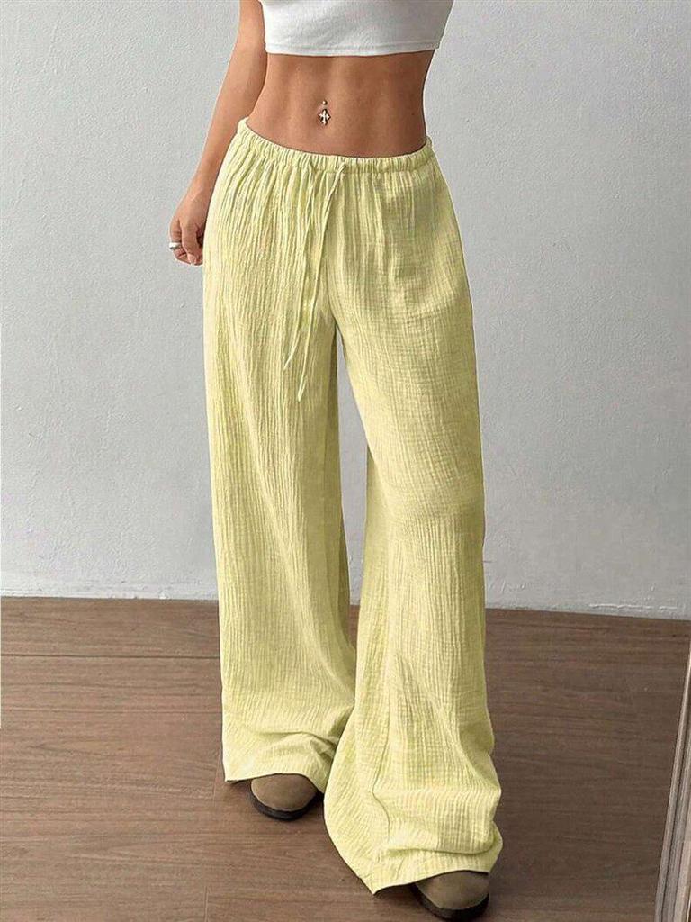 Women Solid Textured Wide Leg Pants Elastic Drawstring High Waist Casual Long Trousers Summer Loose Palazzo Pants