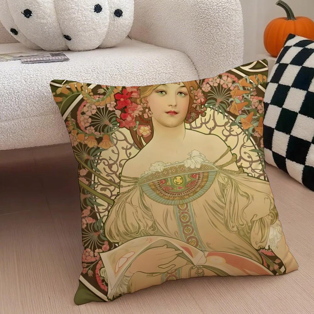 A-Alphonse Maria M-Mucha Cushion Cover Linen Pillow Case Soft Breathable Protective Couch Room Decoration