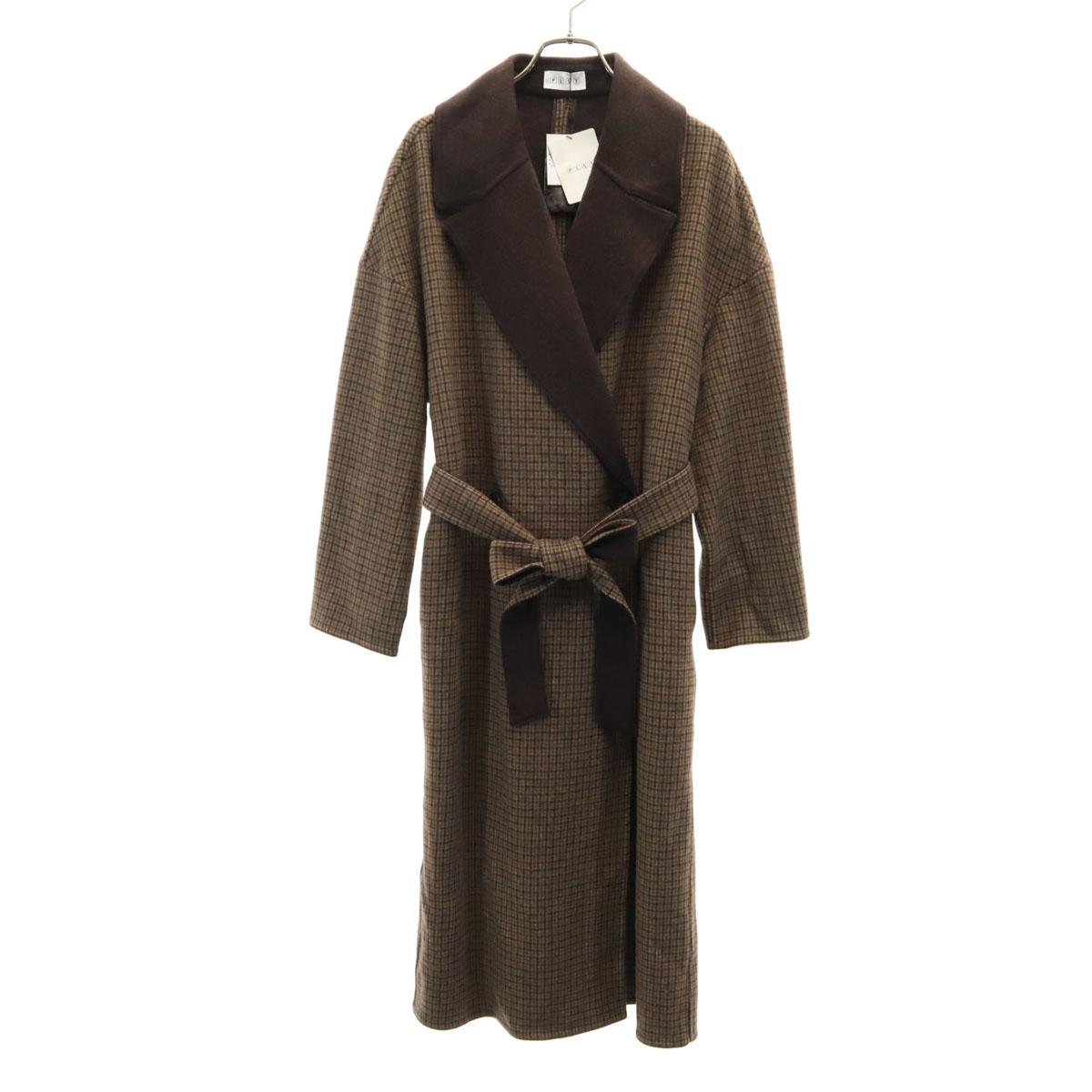 Old clothes unused PLST plaid river coat M brown ladies [used]